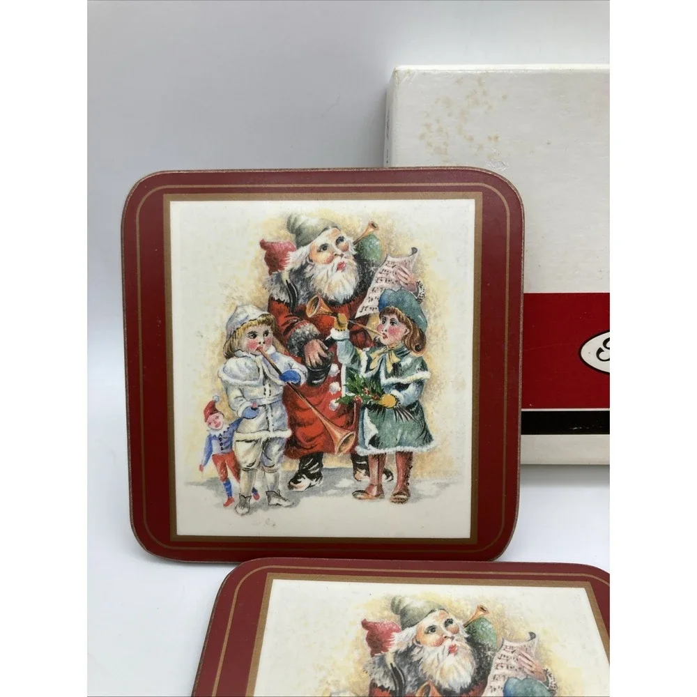 Vintage Set of 6 Pimpernel Father Christmas Coasters Cork Back Made England 4x4